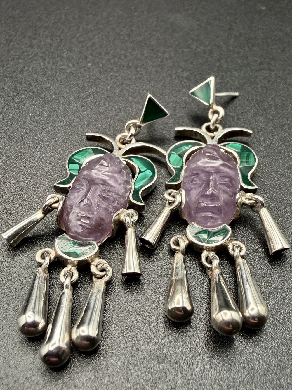 Vintage Taxco Sterling Silver Mayan Aztec Mask Dangle Earrings Amethyst Malachit